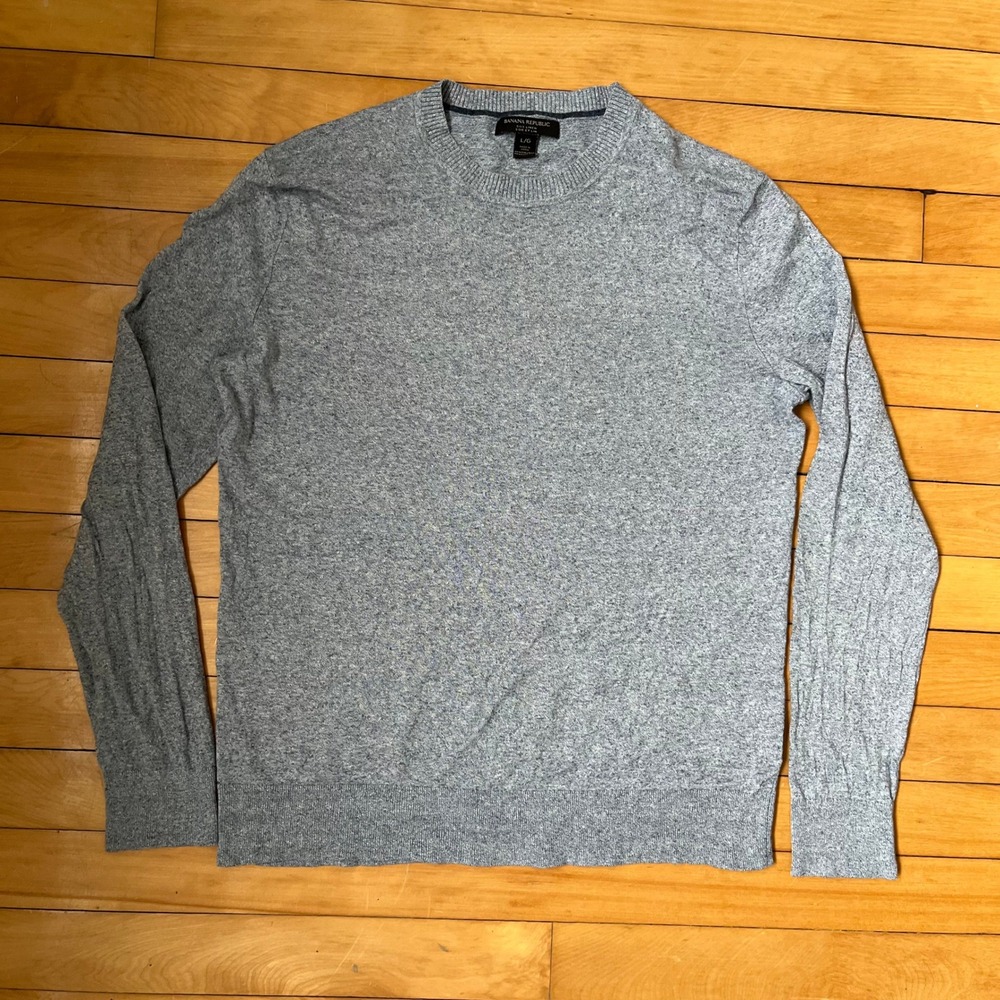 Banana Republic Mens L Silk Linen Crewneck Sweater Heathered Blue Grey Knit